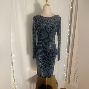 Symphony Black Rhinestone Bodycon Dress Large Long Sleeve Scoop Back Cocktail